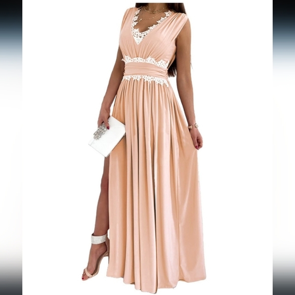 High neck Lace column Long Buttons Split Short sleeves Evening Dress